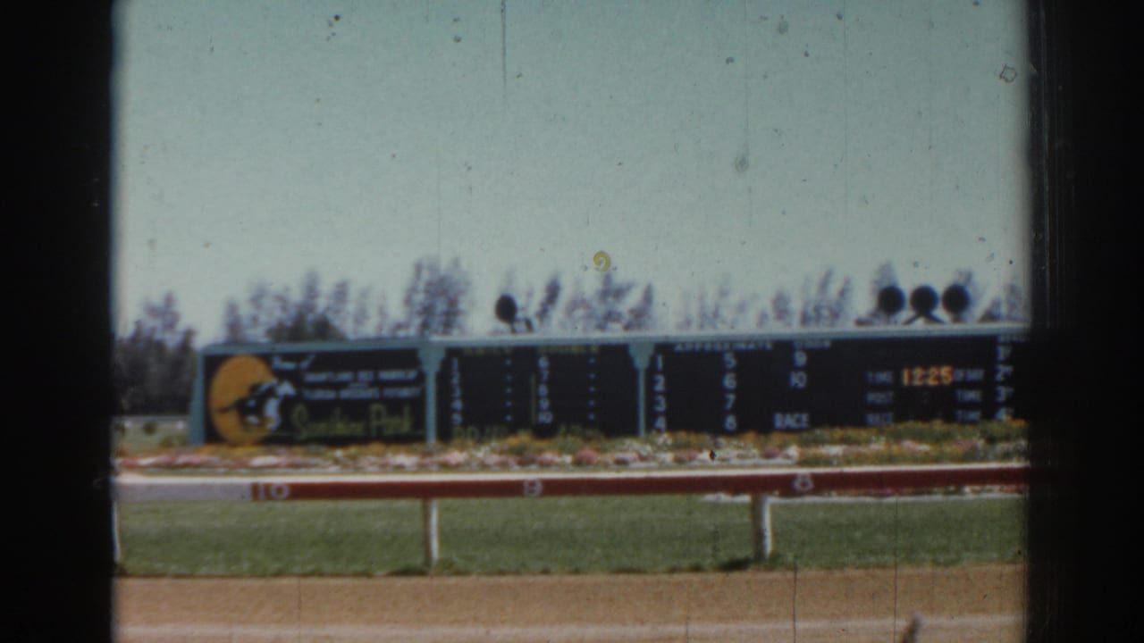Sarasota racetrack scoreboard and track rail visible in 1969 home-movie footage.