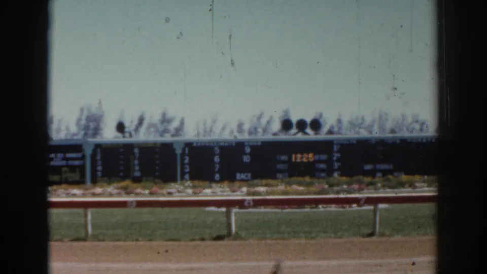 The Sarasota racetrack scoreboard remains in view, with track rail and racing surface below.