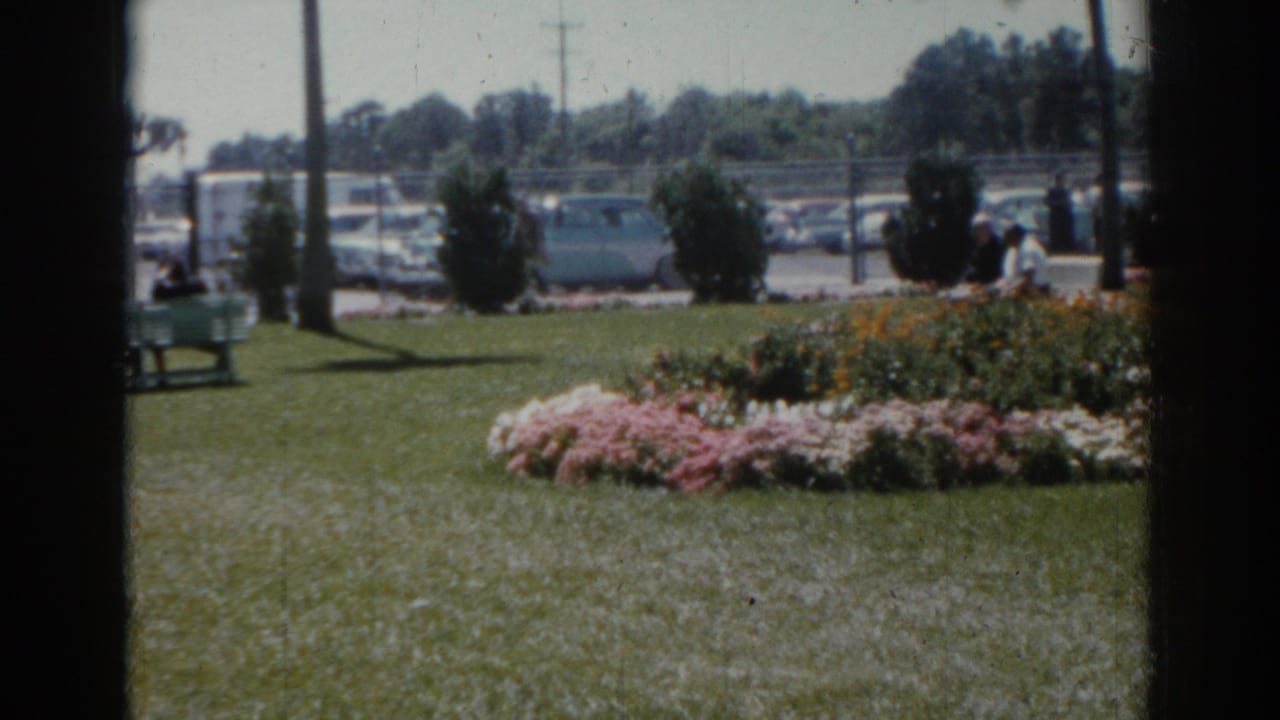 1969 Sarasota home-movie frame showing a circular flower bed in a park lawn with benches, shrubs, cars, and small background visitors.
