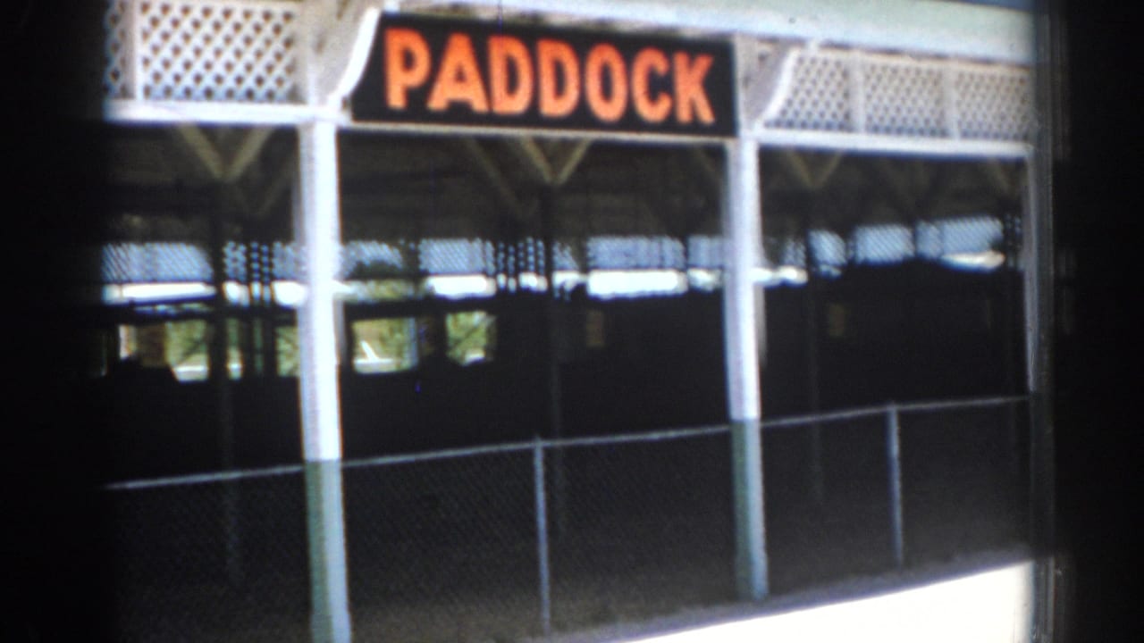 Closer view of the PADDOCK sign above a shaded racetrack walkway.