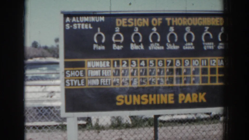 The Sunshine Park chart lists numbered thoroughbred shoe-style details beside racetrack fencing in Sarasota footage.