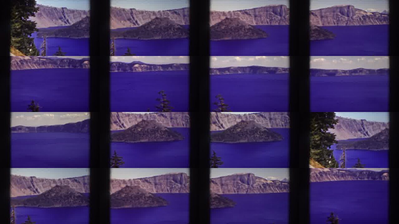 1937 Crater Lake Oregon archival home movie collage showing representative scenes from this vintage stock footage collection
