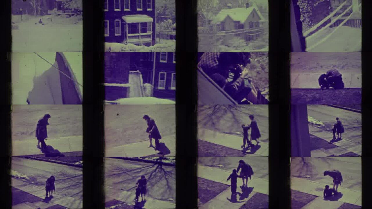 1945 Elmwood Park Illinois archival home movie collage showing representative scenes from this vintage stock footage collection