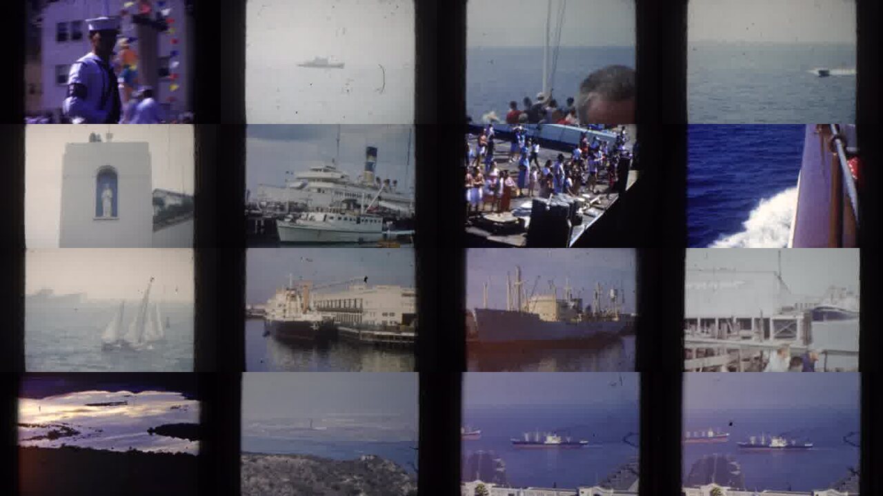 1952 Ship Oversee Navy Recruit archival home movie collage showing representative scenes from this vintage stock footage collection