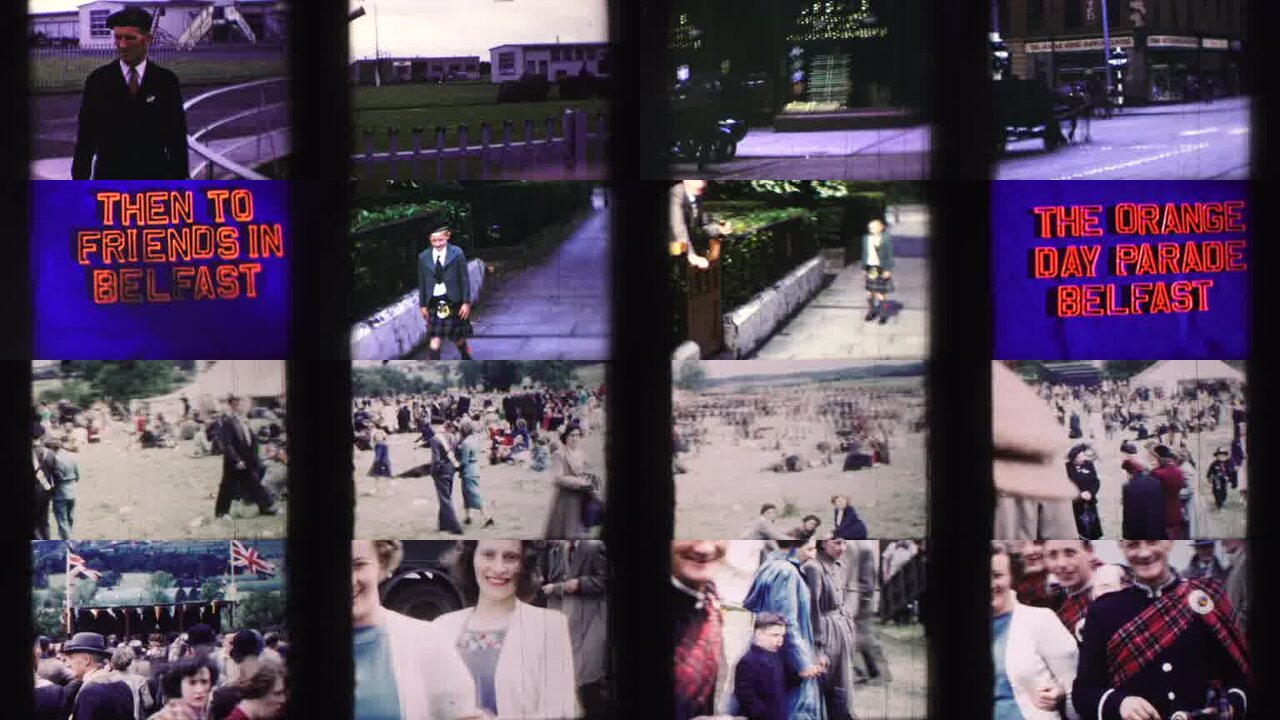 1952 United Kingdom archival home movie collage showing representative scenes from this vintage stock footage collection