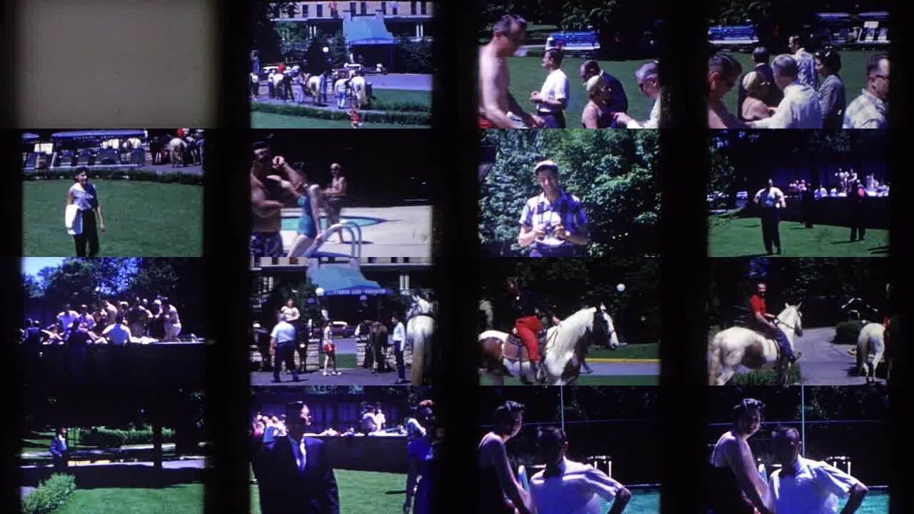 1958 French Lick Indiana archival home movie collage showing representative scenes from this vintage stock footage collection