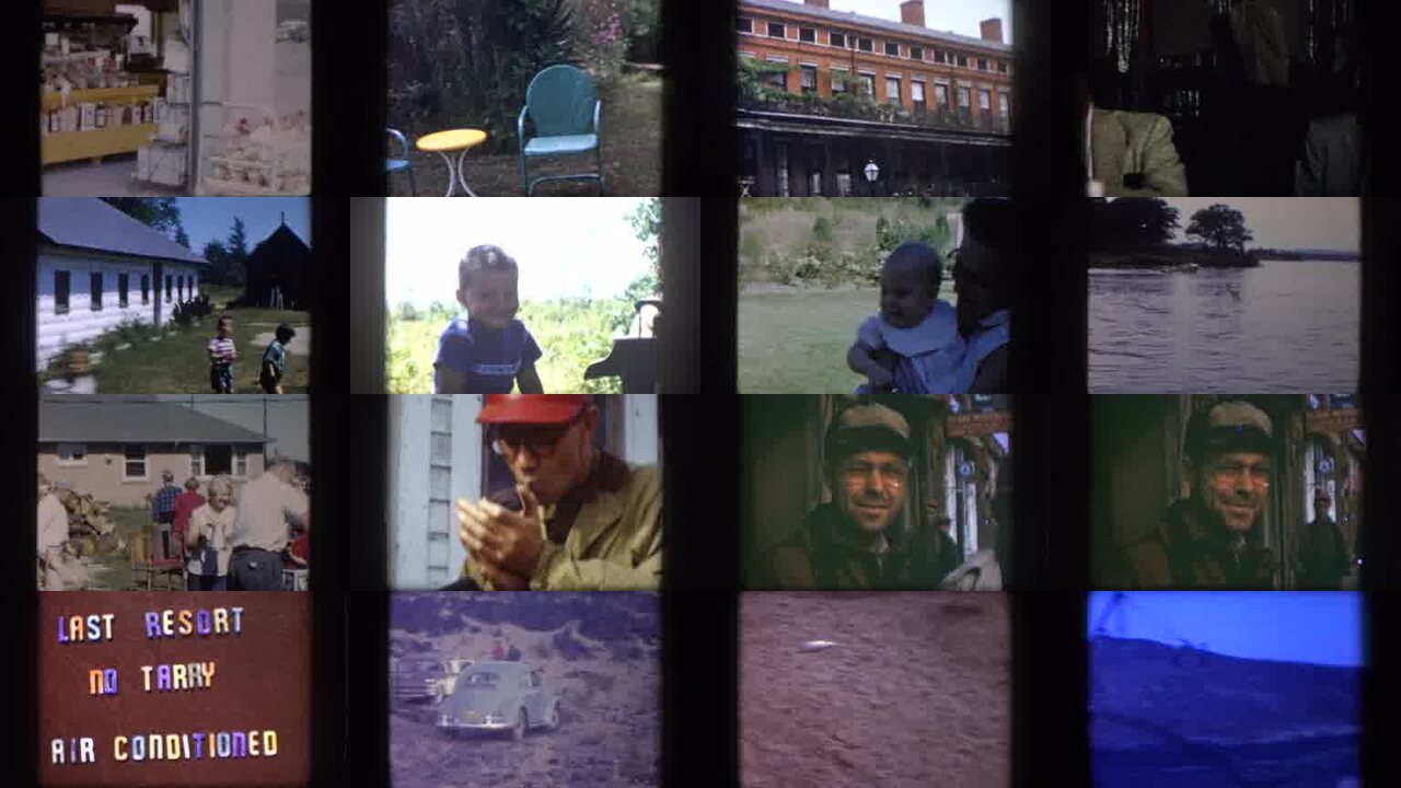 1958 Las Vegas archival home movie collage showing representative scenes from this vintage stock footage collection