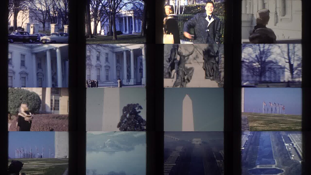 1960 Washington DC archival home movie collage showing representative scenes from this vintage stock footage collection