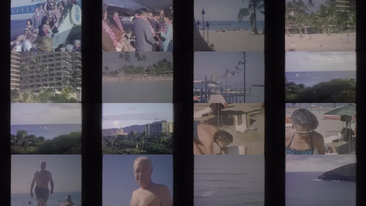 1961 Hawaii archival home movie collage showing representative scenes from this vintage stock footage collection