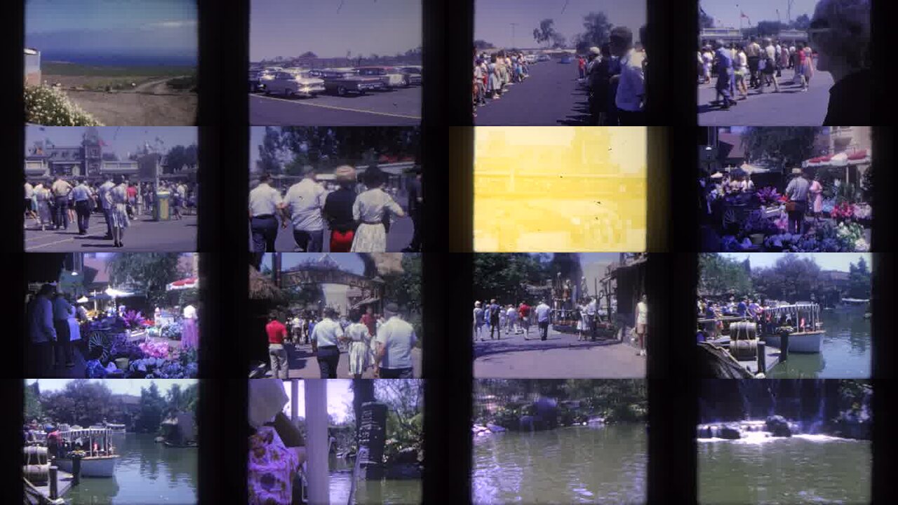 1962 Disneyland California Trip archival home movie collage showing representative scenes from this vintage stock footage collection
