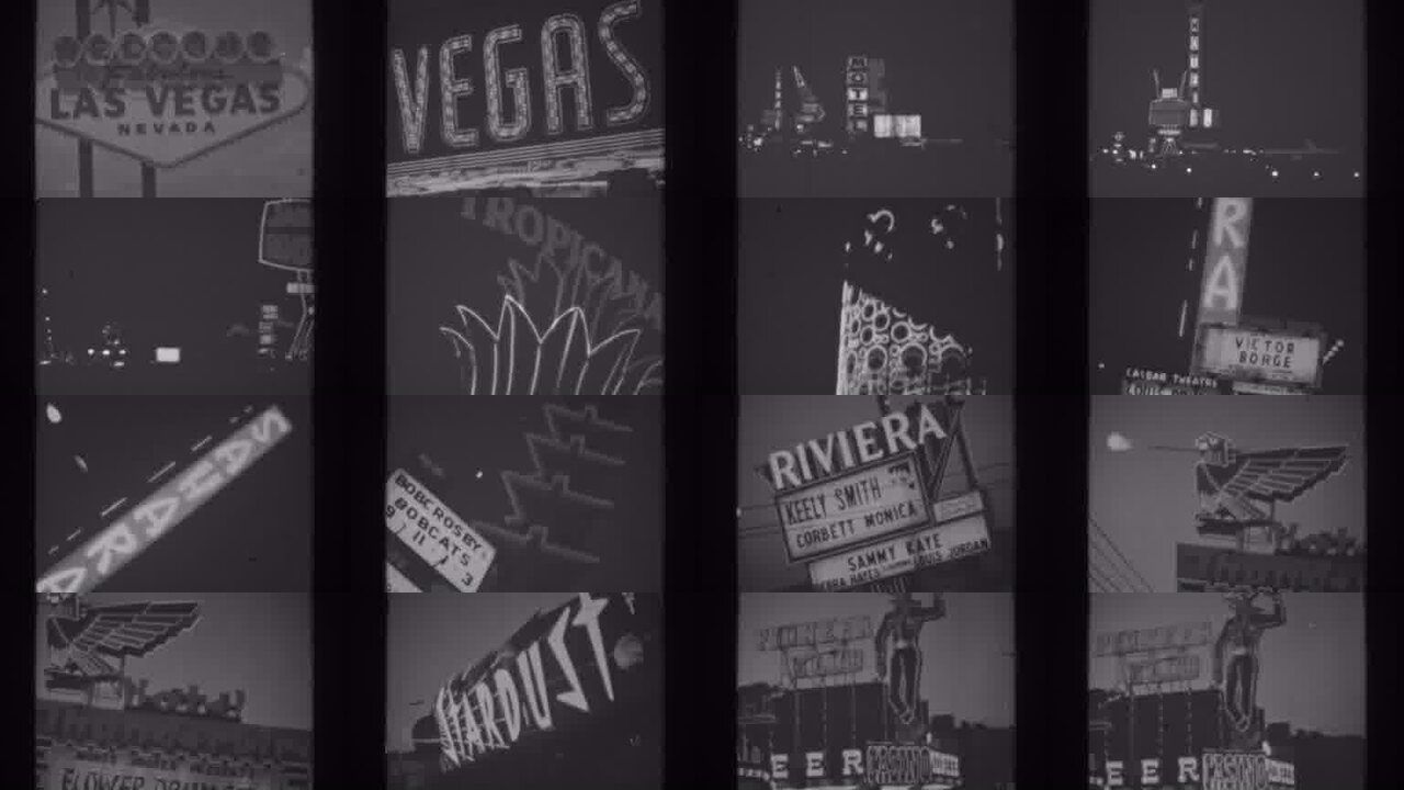 1962 Las Vegas archival home movie collage showing representative scenes from this vintage stock footage collection