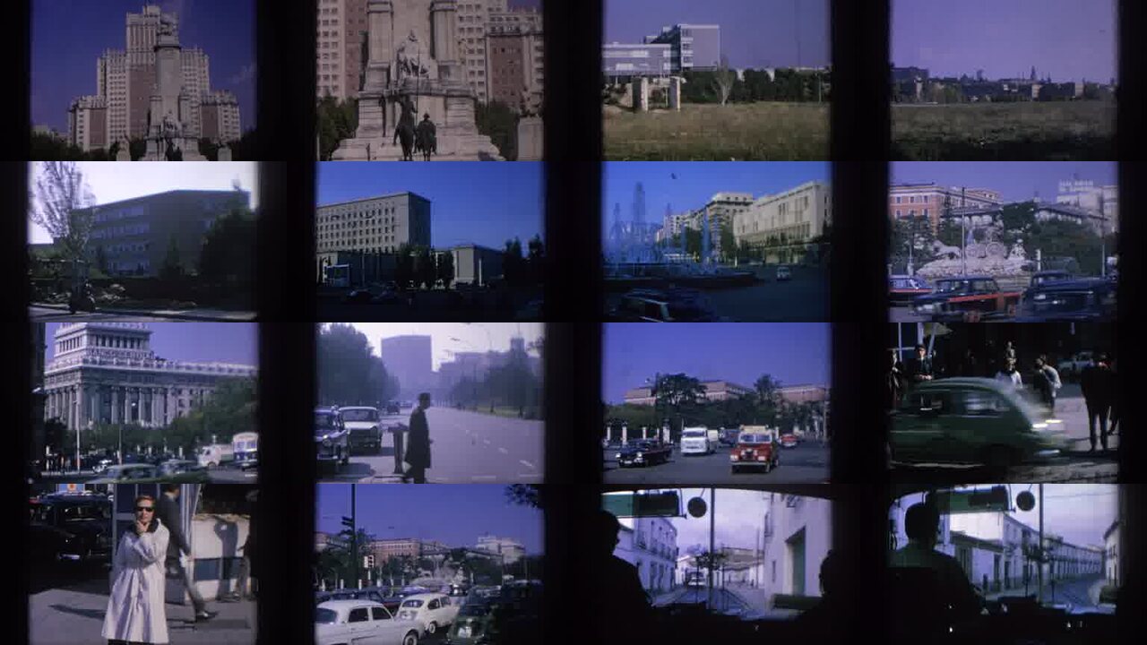 1966 Spain archival home movie collage showing representative scenes from this vintage stock footage collection