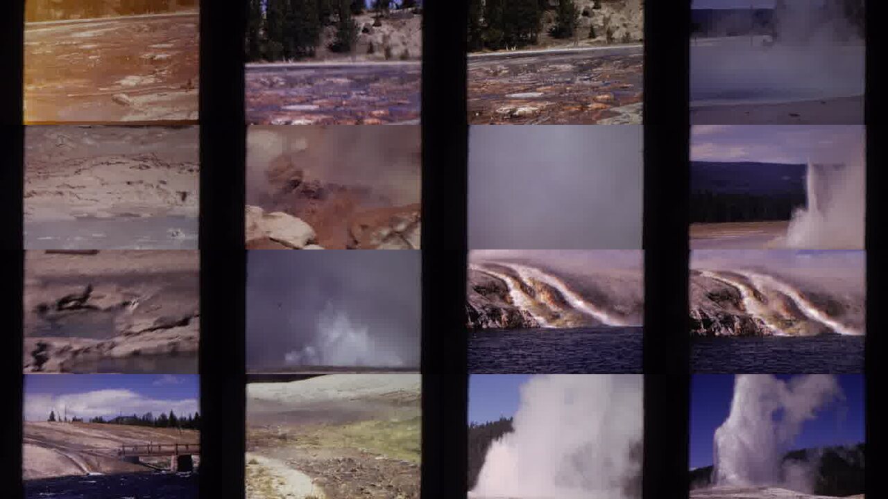1967 Yellowstone Wyoming archival home movie collage showing representative scenes from this vintage stock footage collection