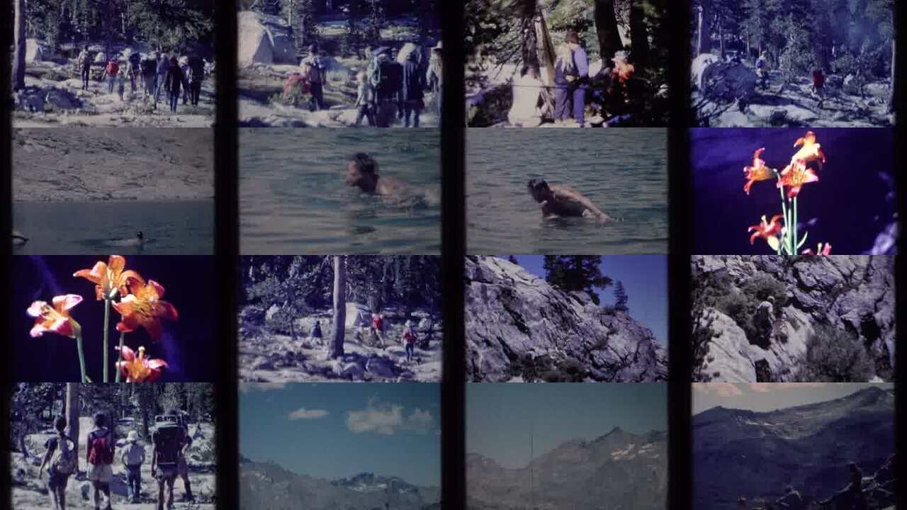 1973 Scapegoat Wilderness Montana archival home movie collage showing representative scenes from this vintage stock footage collection