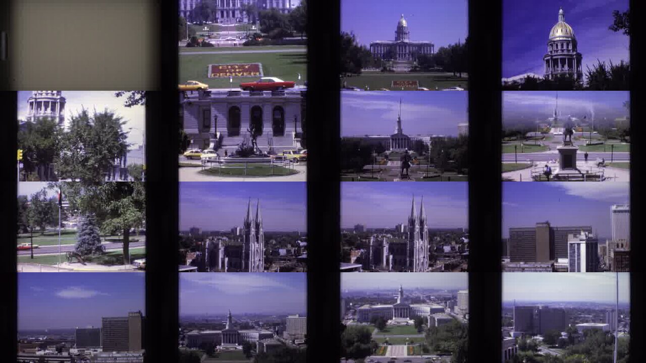 1974 Denver Colorado archival home movie collage showing representative scenes from this vintage stock footage collection