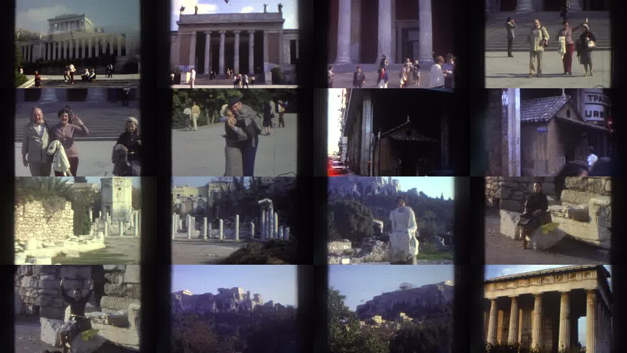 1976 Greece archival home movie collage showing representative scenes from this vintage stock footage collection