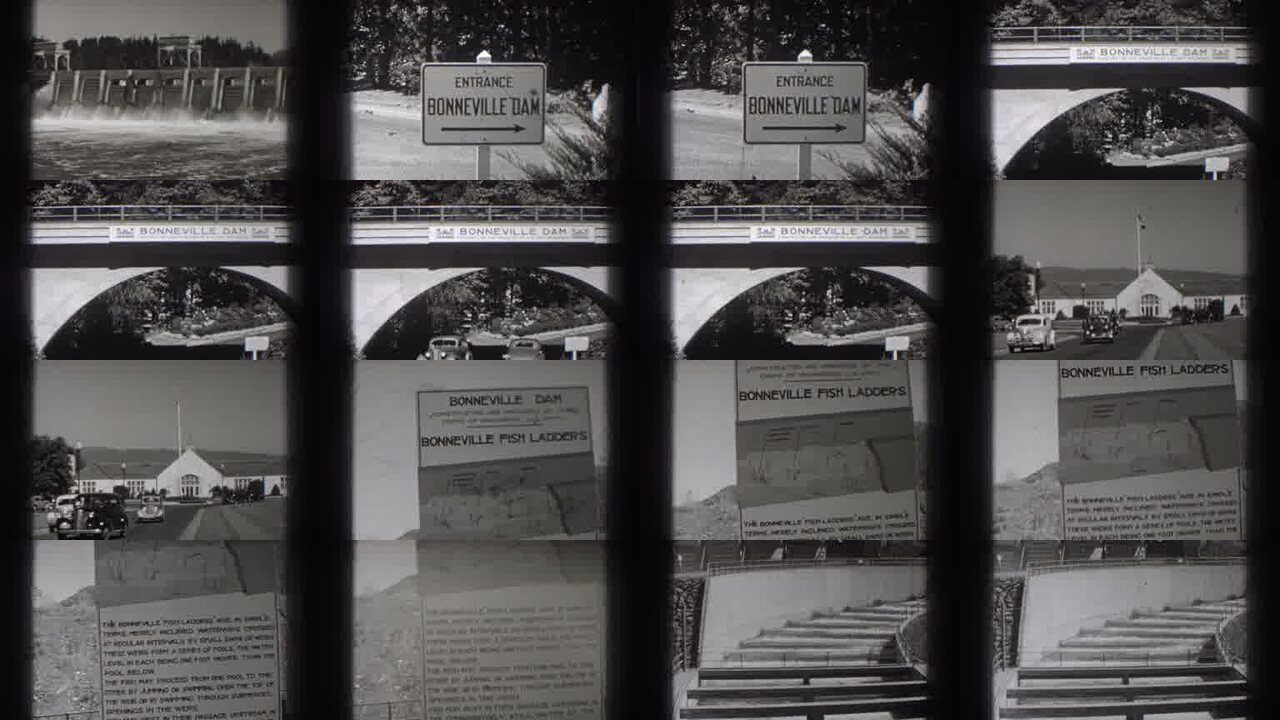1938 Bonneville Dam Oregon archival home movie collage showing representative scenes from this vintage stock footage collection