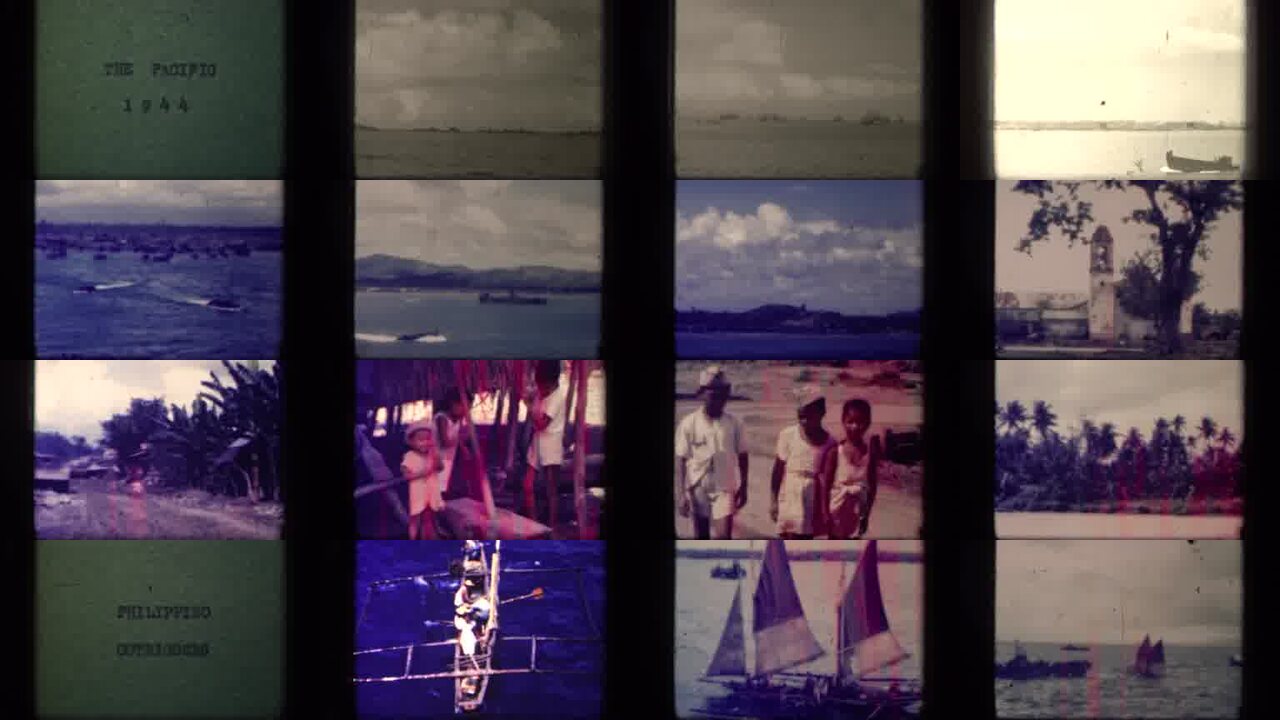 1944 Leyte Gulf Philippines archival home movie collage showing representative scenes from this vintage stock footage collection