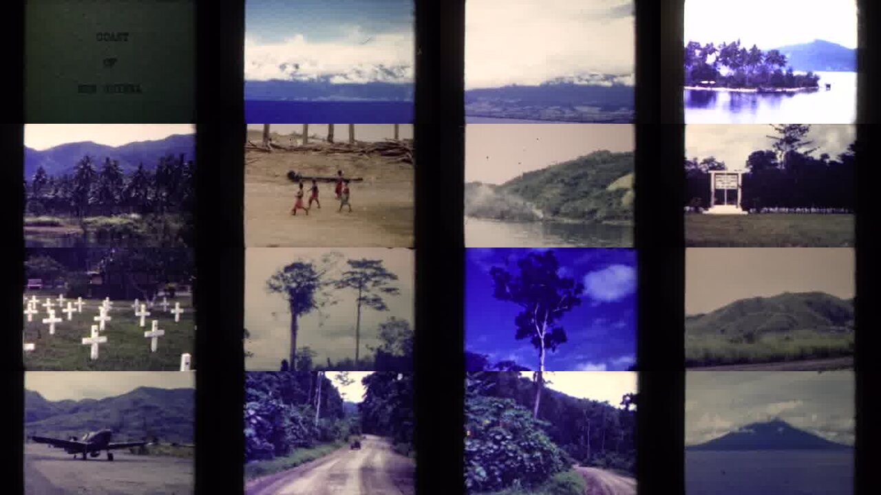 1944 Papua New Guinea archival home movie collage showing representative scenes from this vintage stock footage collection