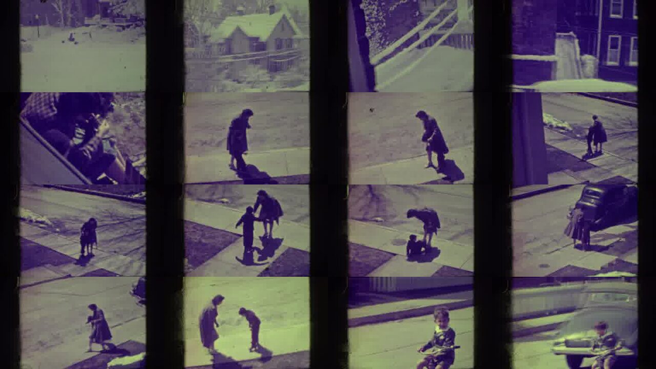 1945 Elmwood Park Illinois archival home movie collage showing representative scenes from this vintage stock footage collection