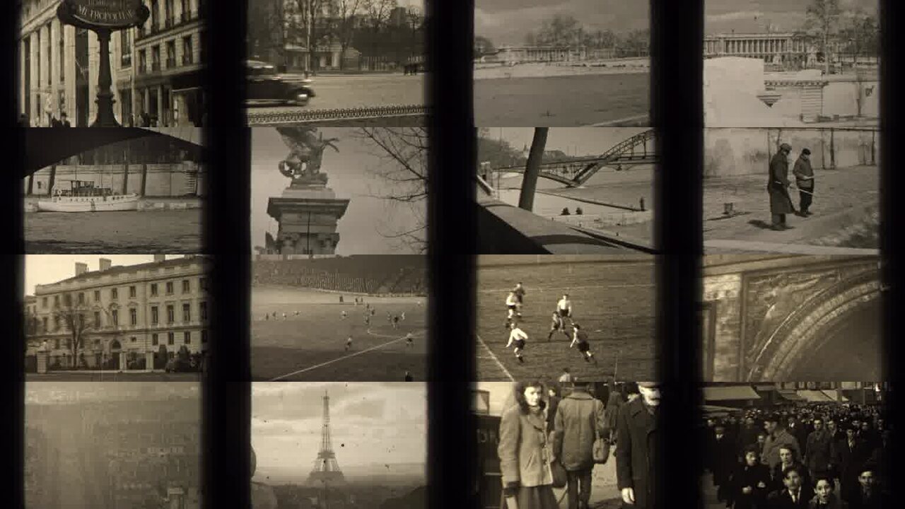 1947 Paris France archival home movie collage showing representative scenes from this vintage stock footage collection