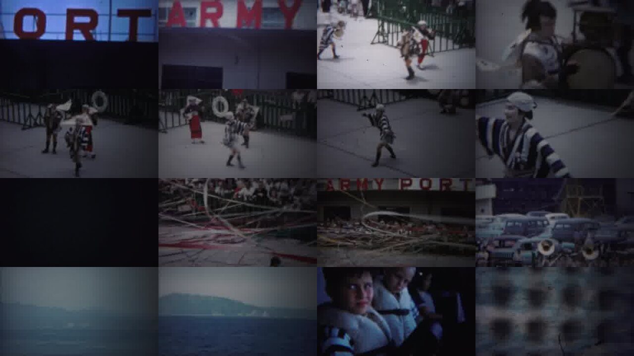 1954 Yokohama Japan archival home movie collage showing representative scenes from this vintage stock footage collection