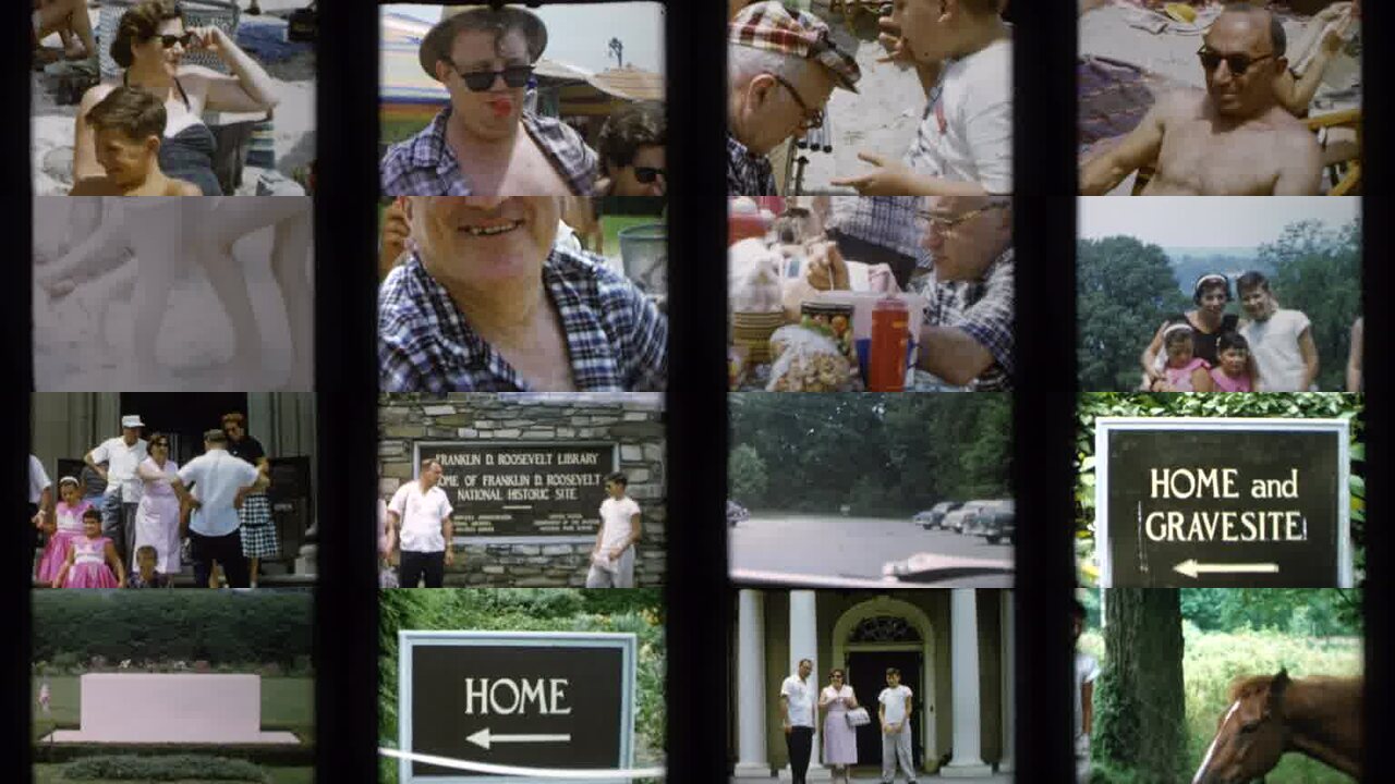 1956 Jones Beach New York archival home movie collage showing representative scenes from this vintage stock footage collection