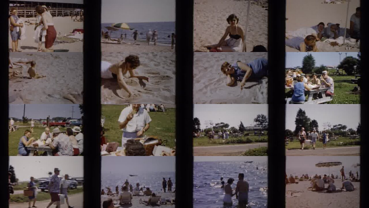 1957 Catskill New York archival home movie collage showing representative scenes from this vintage stock footage collection