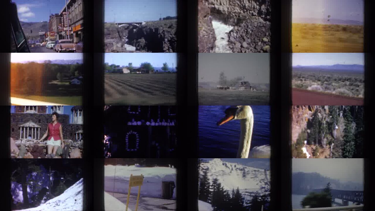 1957 Oregon archival home movie collage showing representative scenes from this vintage stock footage collection
