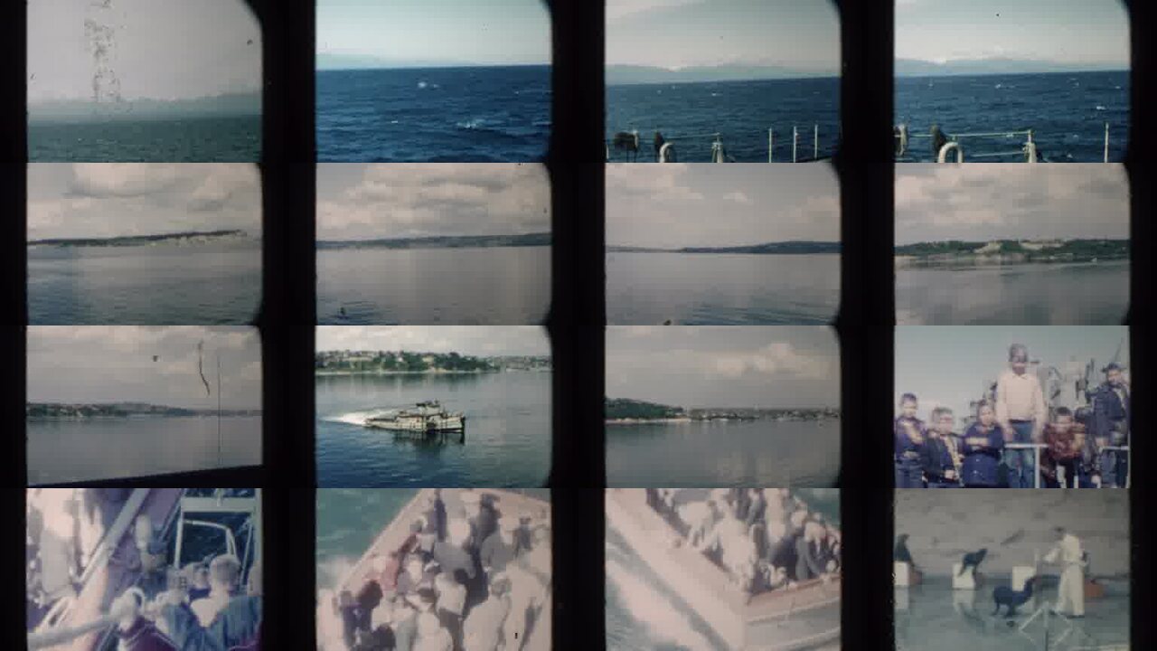 1958 Pearl Harbor Hawaii archival home movie collage showing representative scenes from this vintage stock footage collection