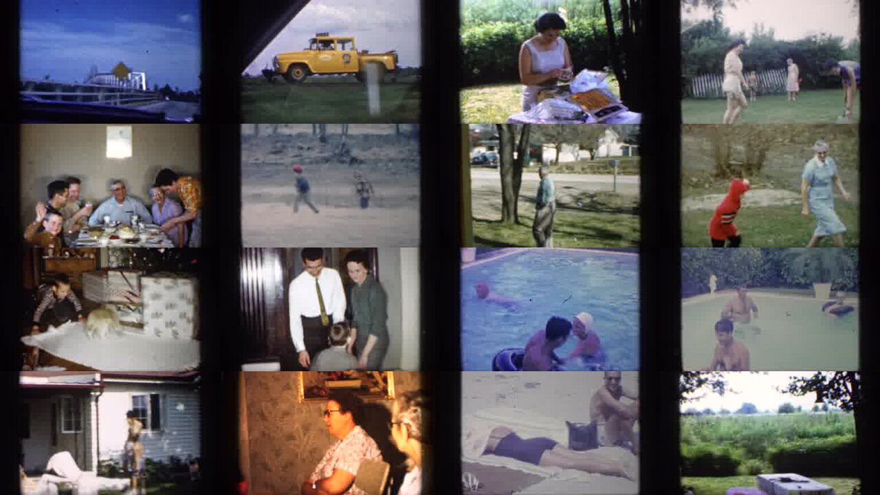 1959 Indiana archival home movie collage showing representative scenes from this vintage stock footage collection