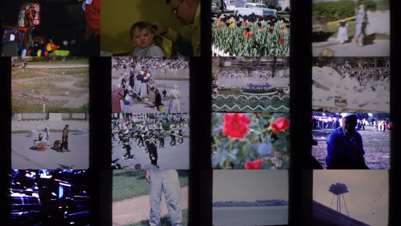 1959 Iowa archival home movie collage showing representative scenes from this vintage stock footage collection
