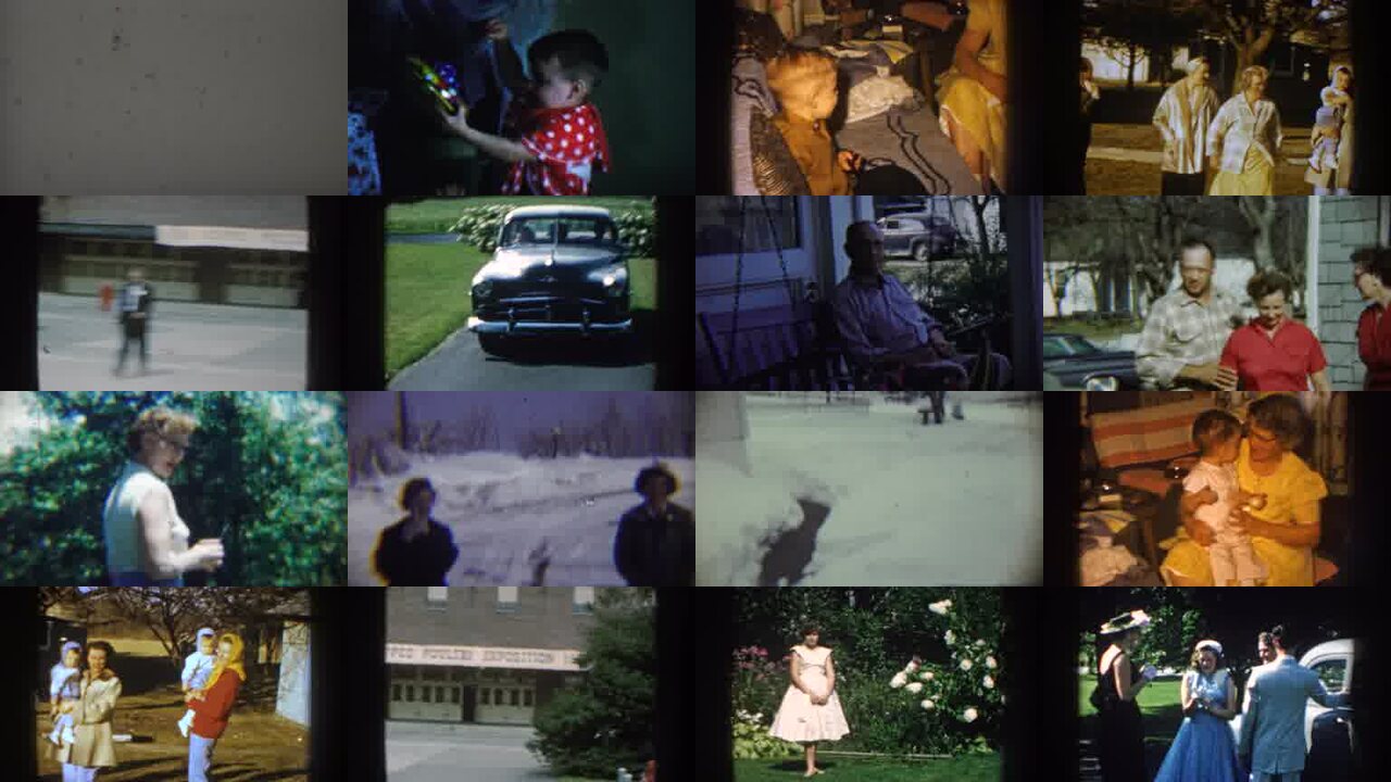1959 Nebraska archival home movie collage showing representative scenes from this vintage stock footage collection