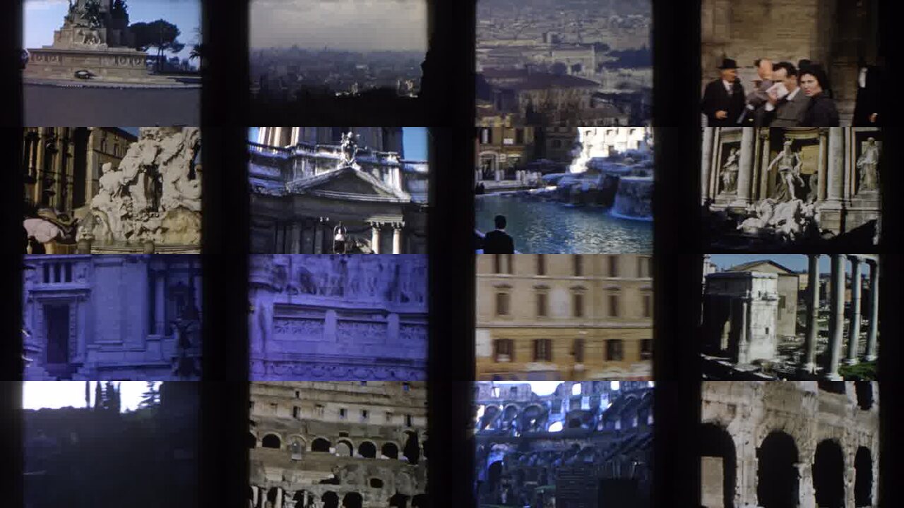 1959 Rome Italy archival home movie collage showing representative scenes from this vintage stock footage collection