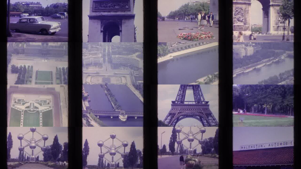 1961 Paris France archival home movie collage showing representative scenes from this vintage stock footage collection