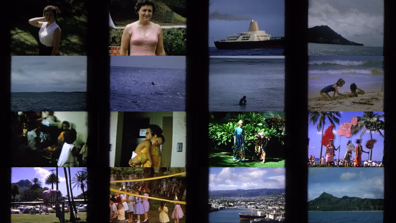 1965 Hawaii archival home movie collage showing representative scenes from this vintage stock footage collection