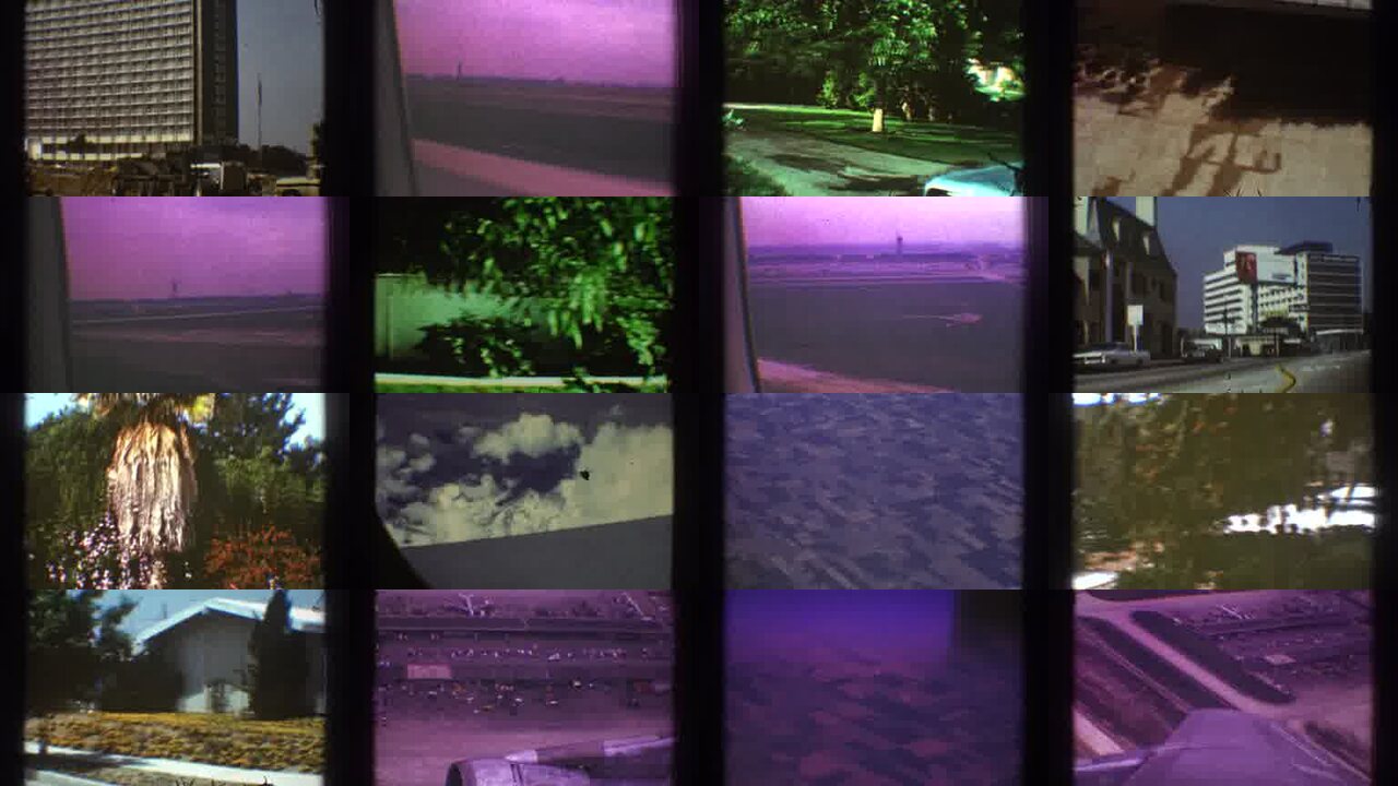 1969 Los Angeles California archival home movie collage showing representative scenes from this vintage stock footage collection
