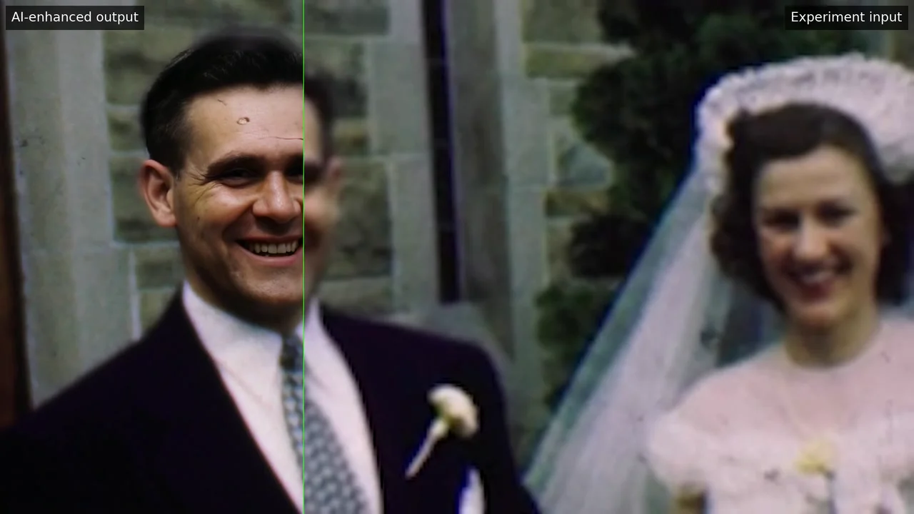 Newlyweds in motion, showing the moving divider between experimental AI reconstruction and its input