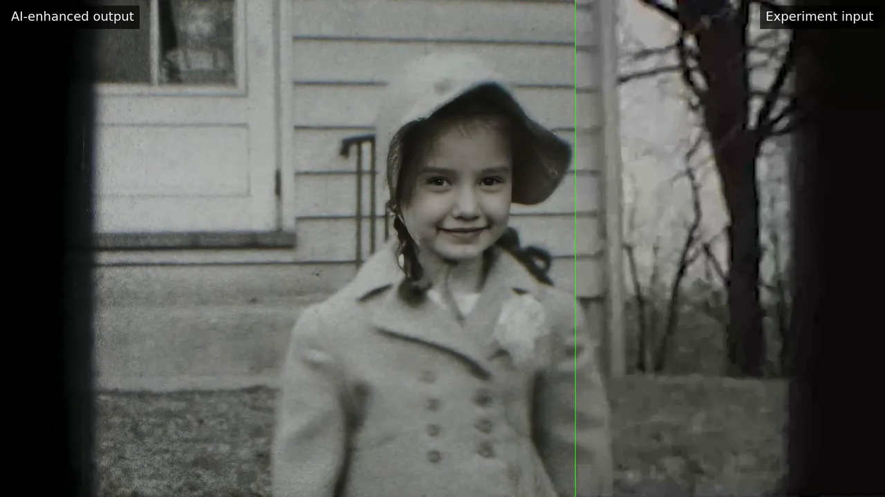 A child in a hat, showing the moving divider between experimental AI reconstruction and its input