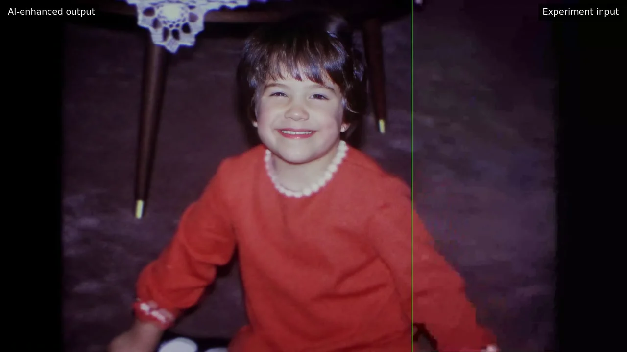 A child in red, showing the moving divider between experimental AI reconstruction and its input